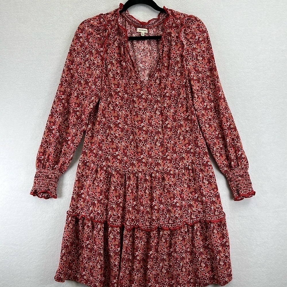 Max Studio Women’s Tiered Peasant Dress Sz Med/Large* Red Floral Print Rayon EUC